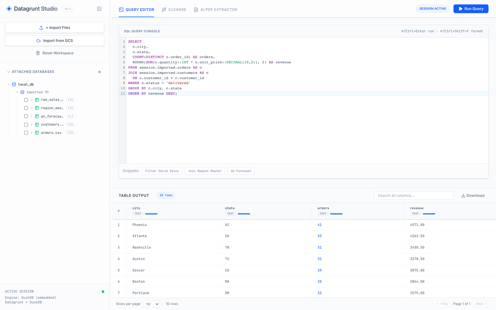Datagrunt Studio: querying and joining imported CSV files with DuckDB SQL